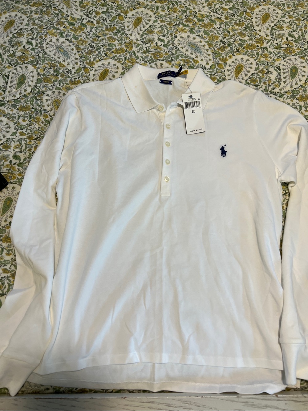 Ralph Lauren White Long-Sleeve Polo with Navy Pony